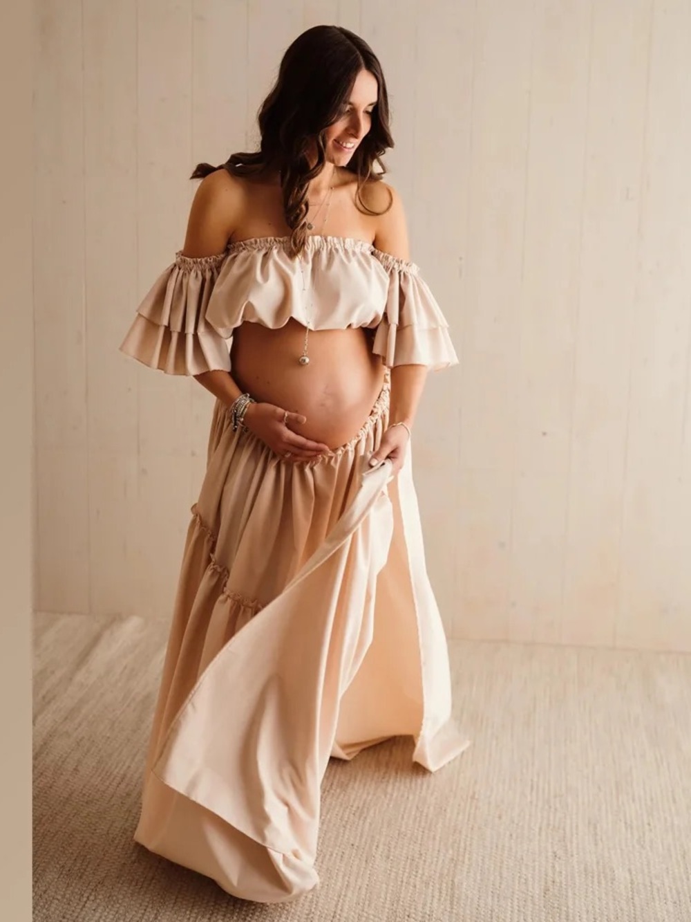 Off-Shoulder Maternity Maxi Skirt Set in Blush